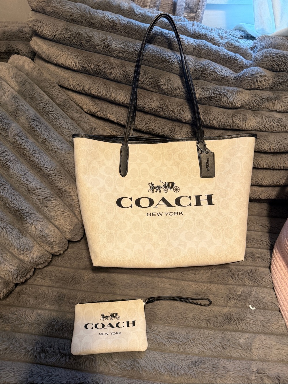 Coach Cream and Black Logo Tote with Matching Wristlet